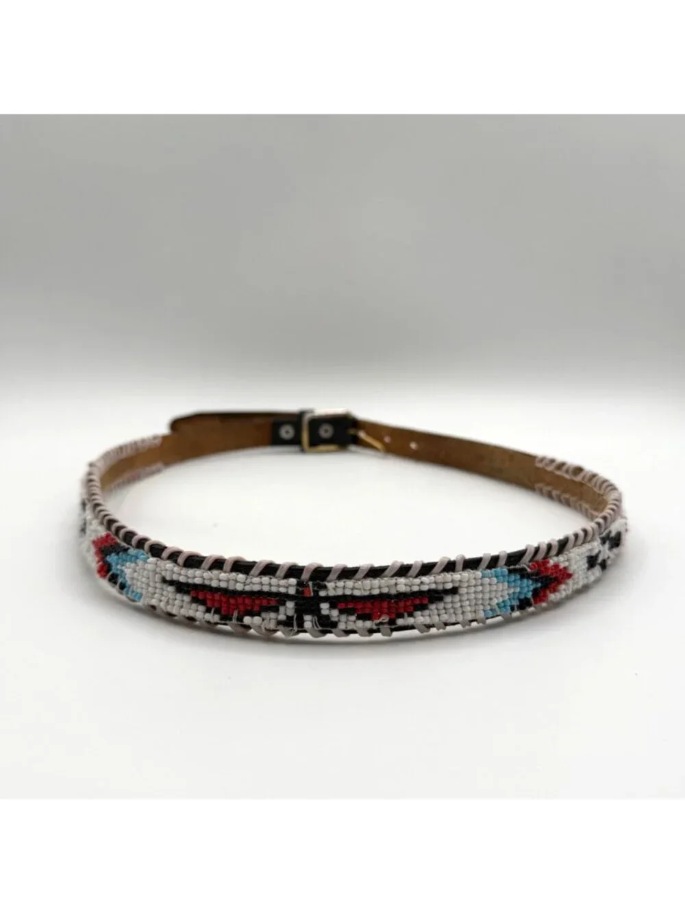 Vintage Black Leather Southwestern Seed Bead Whip Stitch Western Style Belt